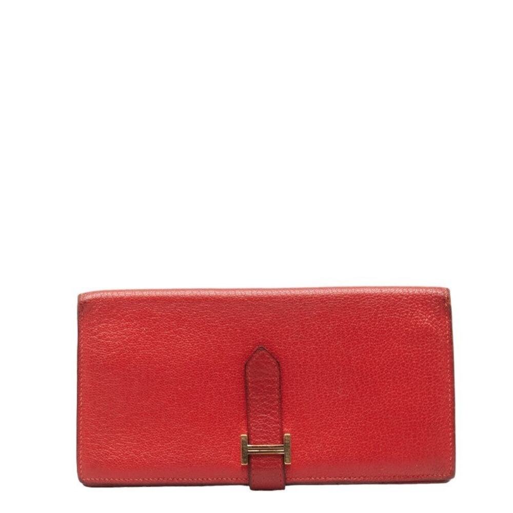 Hermes Leather Bearn Soufflet Bifold Long Wallet Red